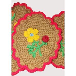 New Old Stock Set of 3 Thick Vintage Handmade Potholders Crochet Flowers Retro F